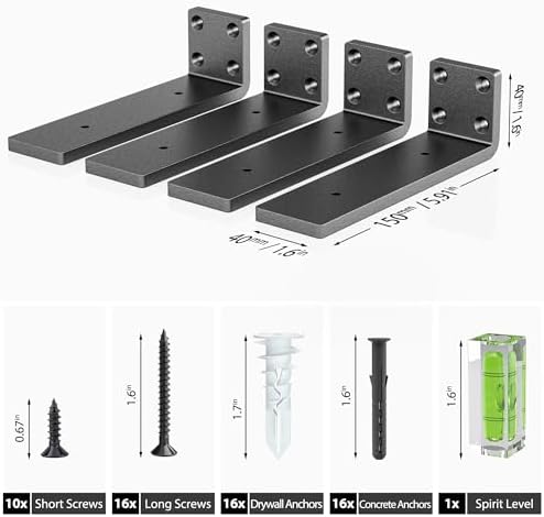 Heavy Duty Metal Shelf Brackets 6-Inch, Set of 4, Modern Black Matte Finish, 1/5" Thick Steel, Easy-to-Install, Strong S