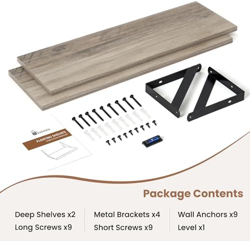Axeman 24 Inch Floating Shelves, 8 Inch Deep Grey Wall Shelves Set of 2
