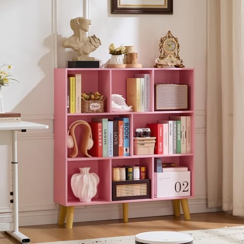 LEYAOYAO 8 Cube Bookshelf,Mid-Century Modern Bookcase with Legs,Light Pink