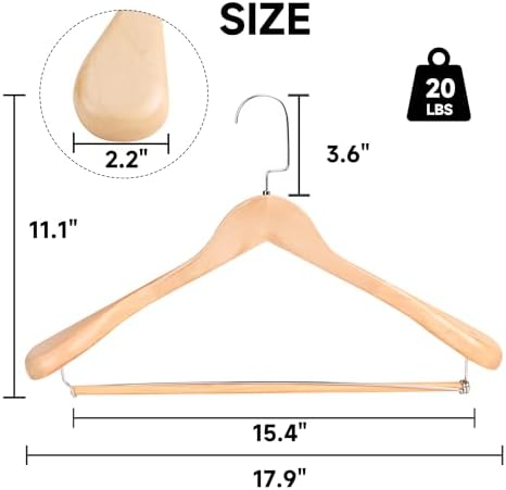 Wide Shoulder Wooden Hangers with Locking Bar, Natural Wood, 2-Pack