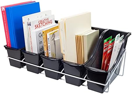 Storex Small Book Bins, Set of 5 Bins, Metal Shelf Rack Included, Black (71152U01C)