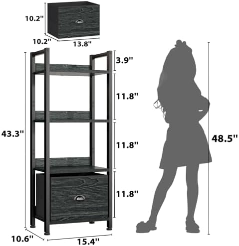 Furologee 4 Tier Bookshelf with Drawer, Small Narrow Bookcase, Black Oak