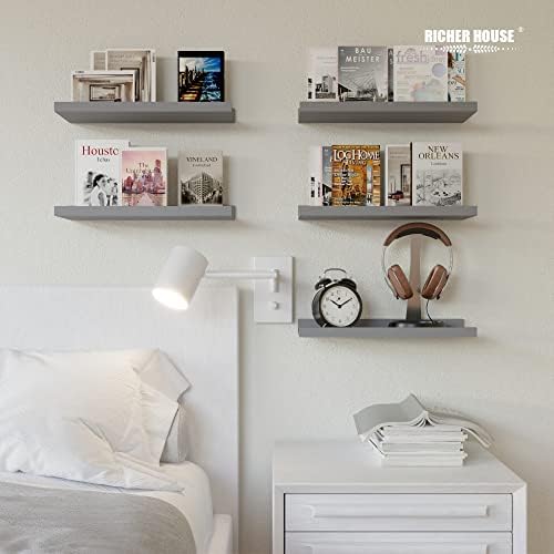 RICHER HOUSE 5-Set Floating Shelves with Lip, Grey Wall Mounted Wood Shelf
