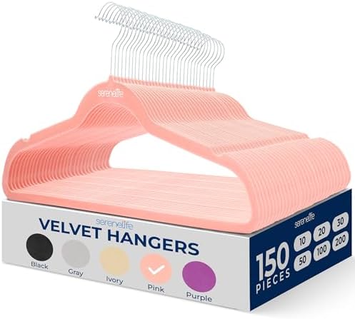 SereneLife 150 Pack Velvet Hangers - Space Saving, Slim Suit Clothes Hanger Set with 360 Degree Swivel, Can Hold Up to 10 Lbs, for Coats, Jackets, Pants & Dress (Pink)