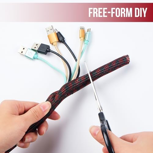 Cable Sleeve Self-Wrapping Wire Loom,Black Red,1/2 Inch x 10FT