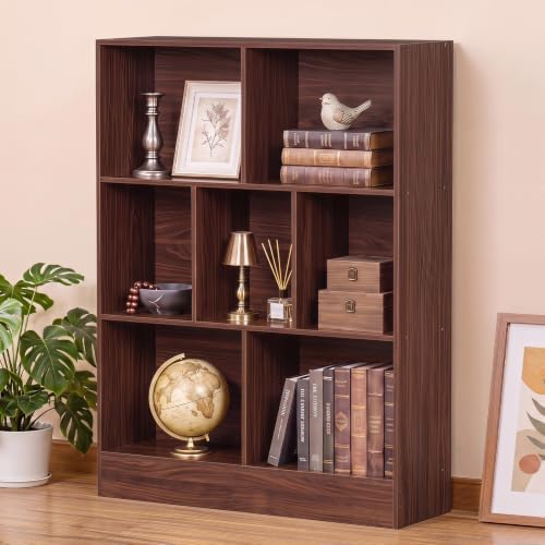 YAHARBO 3 Tier 7 Cube Mini Thin Bookshelf, Short Shallow Bookcase, Walnut