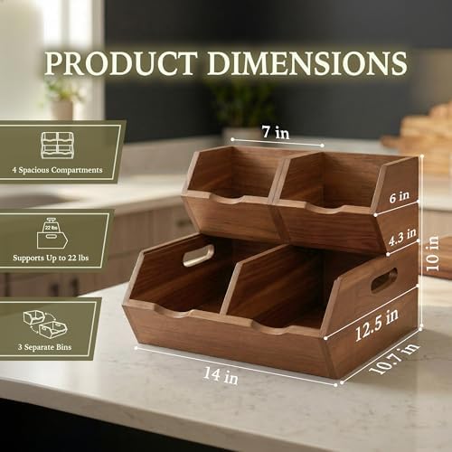 Acacia Pantry Storage Bins Set of 3, Stackable Potato Onion Wood Baskets