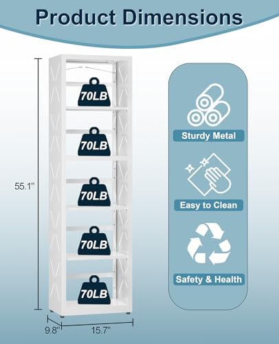 5-Tier Tall Book Shelf, Metal Bookcase with Adjustable Shelves