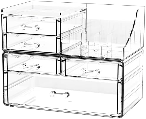 Cq acrylic Clear Make up Organizers for Vanity,Skincare Organizer With 5 Drawers for Dresser,Plastic Cute Desk Accessori
