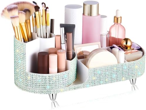 Rotating Makeup Organizer Vanity, Silver, Rhinestone