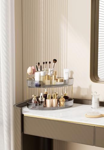 FELIZHOUSE 2-Tier Makeup Organizer for Vanity & Bathroom Countertop – Acrylic Storage Shelf with Perfume Tray & Makeup B