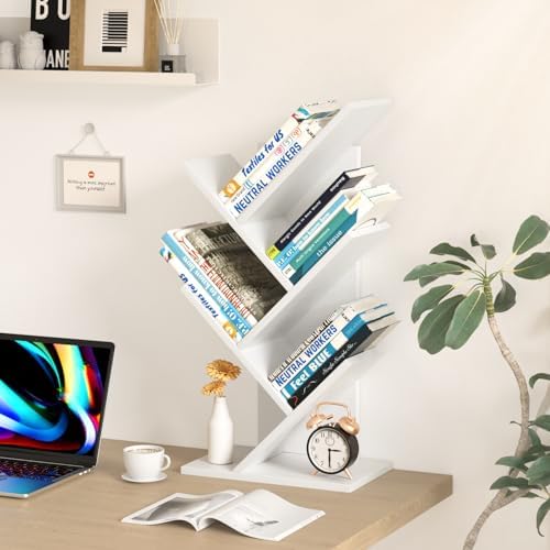 SHEEPAM Small Tree Book Shelf,5 Tier Bookshelf, Wood Desktop Bookcase