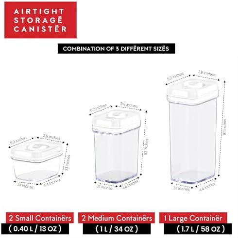 DWËLLZA KITCHEN Airtight Food Storage Containers with Lids - 5 Piece Set - Kitchen Accessories - Pantry Organization and Storage Containers for Food - Clear BPA-Free - Keeps Food Fresh & Dry
