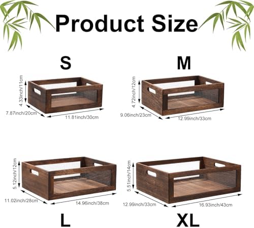 FillTouch 4 Pcs Wooden Nesting Countertop Baskets, Dark Brown, Large