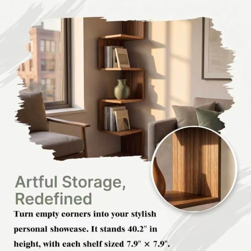 Premium Bamboo Floating Corner 4-Tier,Corner Shelf Wall,7.8"Lx7.8"Wx40.1H