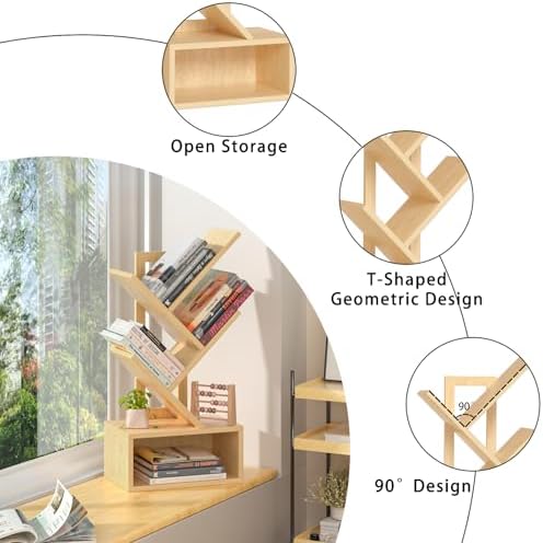 SHEEPAM 5 Tier Tree Book Case, Small Bookshelf with Shelf