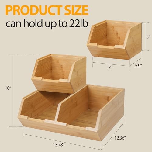 3 Pack Stackable Bamboo Pantry Storage Bins,Potato Onion Storage Bins