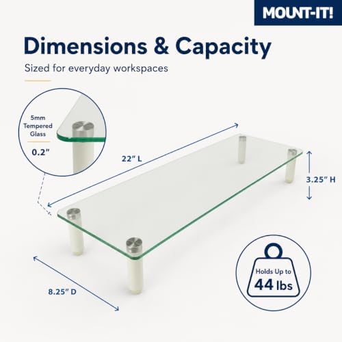 Mount-It! Glass Desktop Monitor Stand Riser, 22", 44 lbs