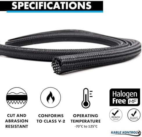 Kable Kontrol Braided Cable Sleeve Split Wrap 1/4” 10 Ft – Black