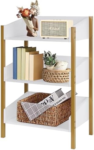 VECELO Bookshelf, Small Bookcase,3-Tier Storage Organizer,Wood Bookcase with Steel Frame,Shelving Unit for Living Room,C