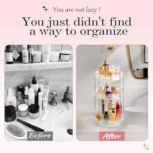 360 Rotating Makeup Organizer and Storage for Vanity Countertop 3 Tiers, High Capacity Cosmetic Skincare Perfume Organiz
