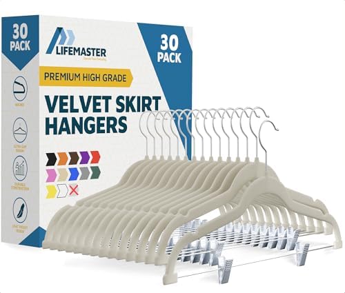 Lifemaster Velvet Skirt Hangers – with Adjustable Clips, 360 Degree Swivel Hook, and Non-Slip Shoulder Notch, Holds Up to 10 lbs, for Organizing Skirt, Pants, Dress, and Clothes, Pack of 30, Ivory