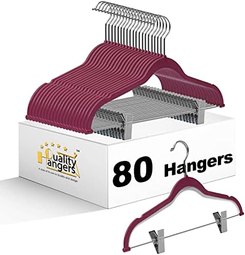 80 Pack Raspberry Quality Plastic Non Velvet Non-Flocked Thin Compact Coat Hangers with Metal Clips for Skirts Pants Blouses 360° Swivel Hook