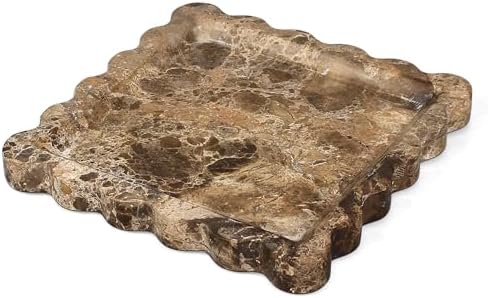 YMXYJM Brown Marble Tray, Scalloped Coffee Table Tray Decor, 8" Square Tray