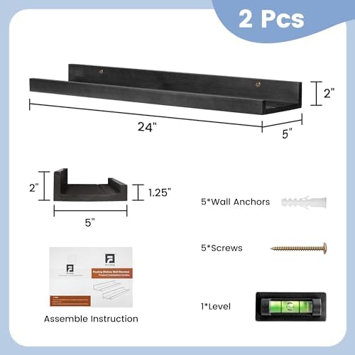 Picture Ledge Shelf for Wall, 24 inch Solid Pine Wood Nursery Book Shelves 2 Packs, Floating Ledge Shelves for Kids' Room Bedroom Bathroom Living Room Photo Frames Office Nursey Wall Decor, Black