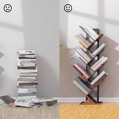 HOOBRO Tree Bookshelf, 9-Tier Bookcase Wooden Shelves, Floor Standing Storage Rack, for Display of CDs, Books in Living 