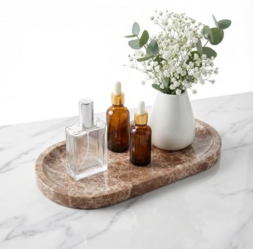 Light Emperador Marble Vanity Tray for Bathroom Counter, 10"x5" Decorative Tray for Perfume, Candles, Stone Jewelry Dish