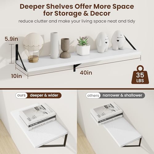Axeman Deep Floating Shelves, 40'' x 10'' White Wall Shelves Set of 2