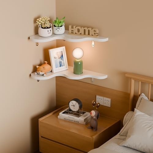 Cute Cloud Corner Shelves - Set of 2 White Wooden Floating Corner Shelves Wall Mounted, 90-Degree Space-Saving Nursery S