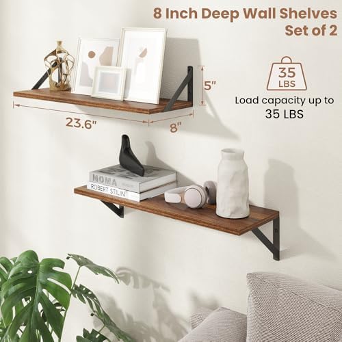 Axeman 24 Inch Floating Shelves, 8 Inch Deep Walnut Wall Shelves Set of 2