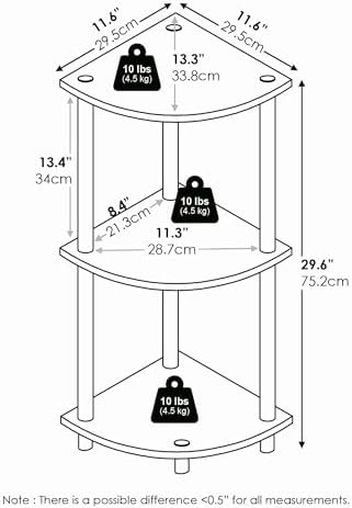 Furinno Turn-N-Tube Corner Shelf, 3-Tier Corner Bookshelf, Display Storage Shelves with Open Shelves, for Organization a