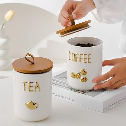 Comeon Ceramic Canister Set with Airtight Seal Bamboo Lid Silicone, 27oz Food Storage Jars for Coffee Sugar Tea, Contain