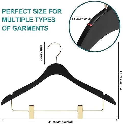 20 Luxury 16.5" Ultra Thin Space Saving Black Wooden Skirt Pant Hangers, 360 Degree Swivel Hook, Best for Suit, Coat Hangers Pants, Blouses, Dress Hangers Black with Gold Hook (Skirt/Blouse, 20)