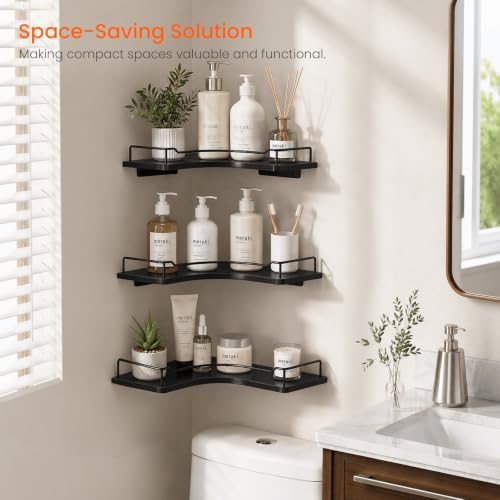 Homode Floating Corner Shelves Set of 3, 12 Inch Corner Wall Shelf, Black