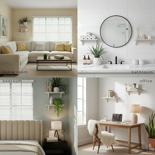 Real Wood White Wall Shelves for Bathroom - 17 inch (2 Pack) - Easy to Install, Template and Video Included - Long Wall 