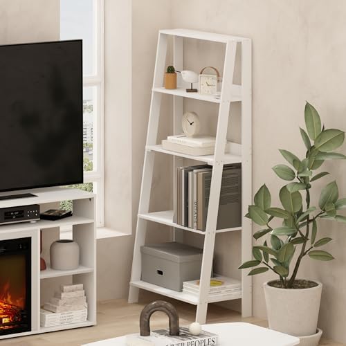 Furinno Ladder 5-Tier Book Shelf, Leaning Standing Shelf, White