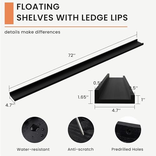 FLYJOE Picture Ledge Shelf, Floating Shelves Set of 2, Solid Ash Wood 72'' Long Large Nursery Book Shelves for Toys Storage, Kids Bookshelf for Living Room Bedroom Decor Books Photo Frames, Black