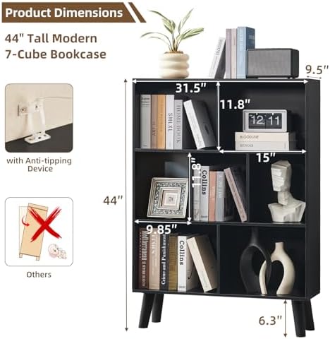 LEYAOYAO Cube Bookshelf, Mid-Century Modern Book Shelf with Legs, Black