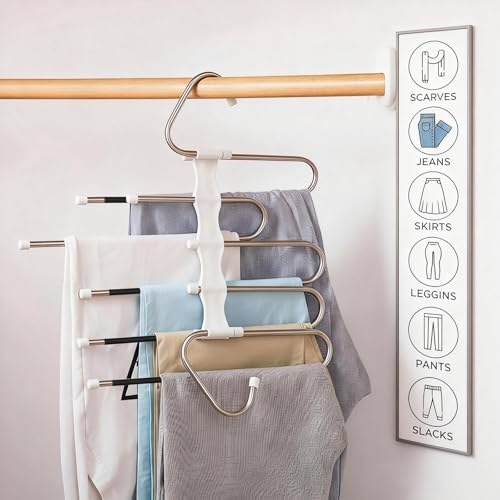 Pants Hangers Space Saving 5 Tier - 4 Pack Closet Organizers and Storage Closet Organizer,Anti-Slip Design,Closet Organizers and Storage for Pants Jeans Skirts Scarf Legging