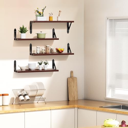 ROMGUAR CRAFT Wood Wall Floating Shelves Set of 4, 17" x 6" - Brown