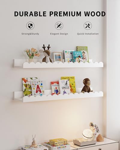 Shario Nursery Book Shelves, 4-Pack White Floating Shelves for Wall Kids, Scalloped Shelves, Wall Book Shelves for Bedro