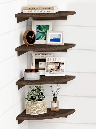 Forbena Floating Corner Shelves for Wall Set of 4, Small Corner Bookshelf for Bedroom Books, Round Wooden Corner Shelf W