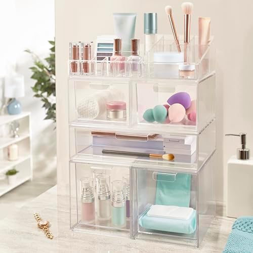 STORi Audrey Clear Vanity Makeup Organizer | 15-Compartment Holder for Brushes, Eyeshadow Palettes, & Beauty Supplies | 