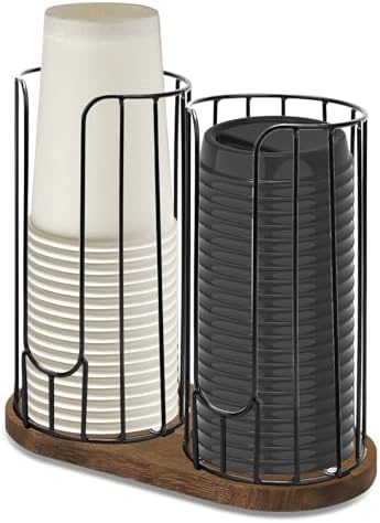 2-Compartment 18oz Coffee Cup Dispenser Rack with Wood Base, Disposable Cup, and Lid Organizer for Countertop - Perfect 