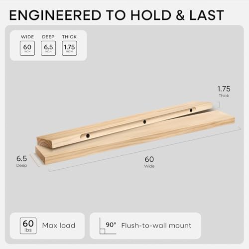 Homeforia 60 Inch Floating Shelves, High-End Solid Pine Wood, Set of 3