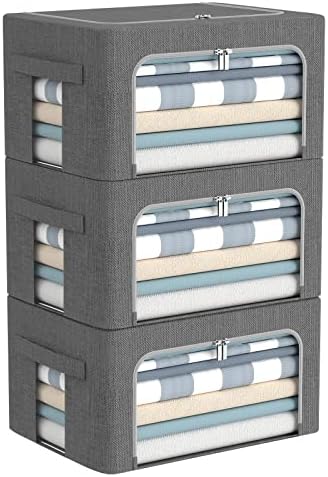 CYhom 3Pack Foldable Storage Bins - Frame Storage Box Linen Fabric Stackable Clothes Container Organizer with Clear Wind